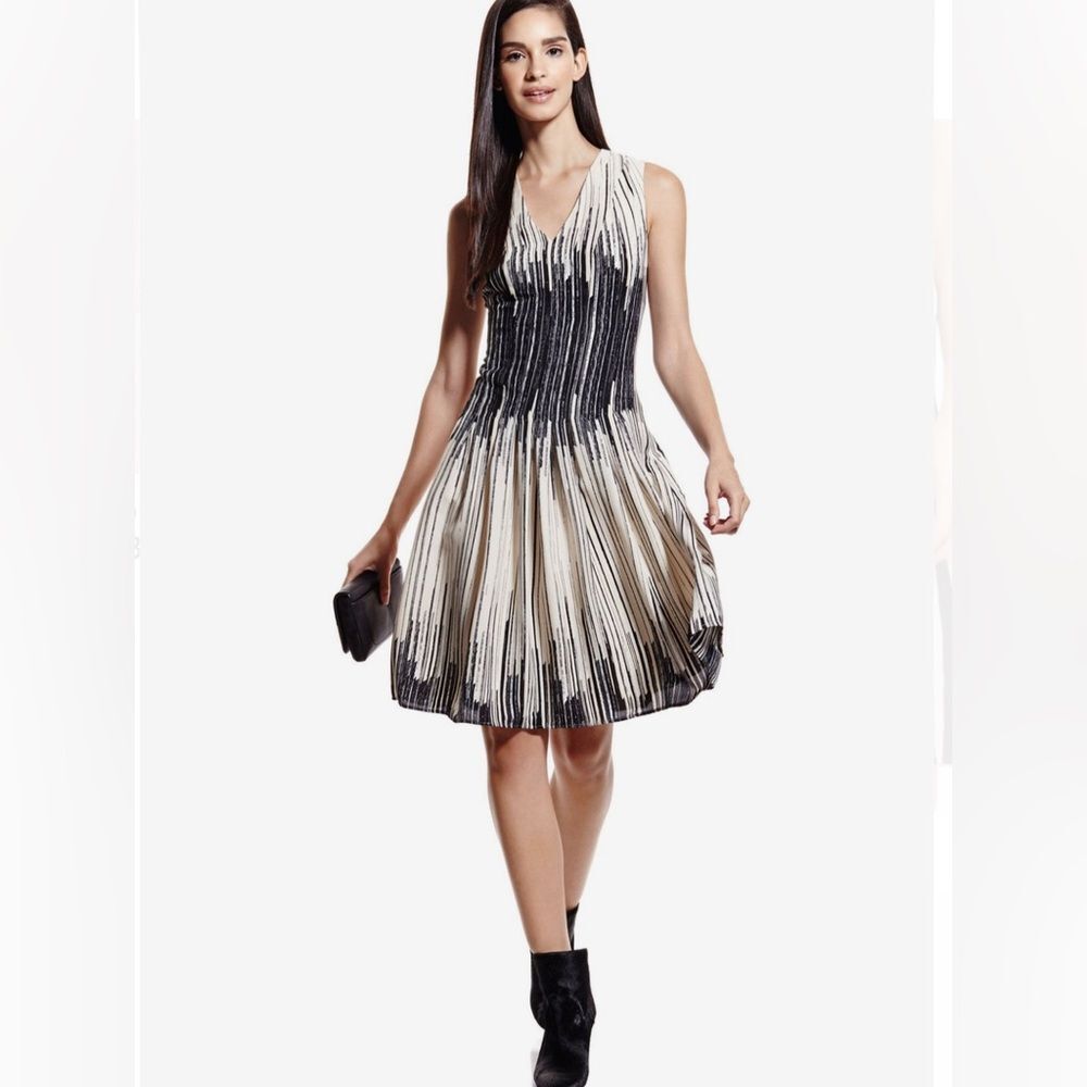 Anne Klein cream and black flattering pleated waist abstract print dress size 2